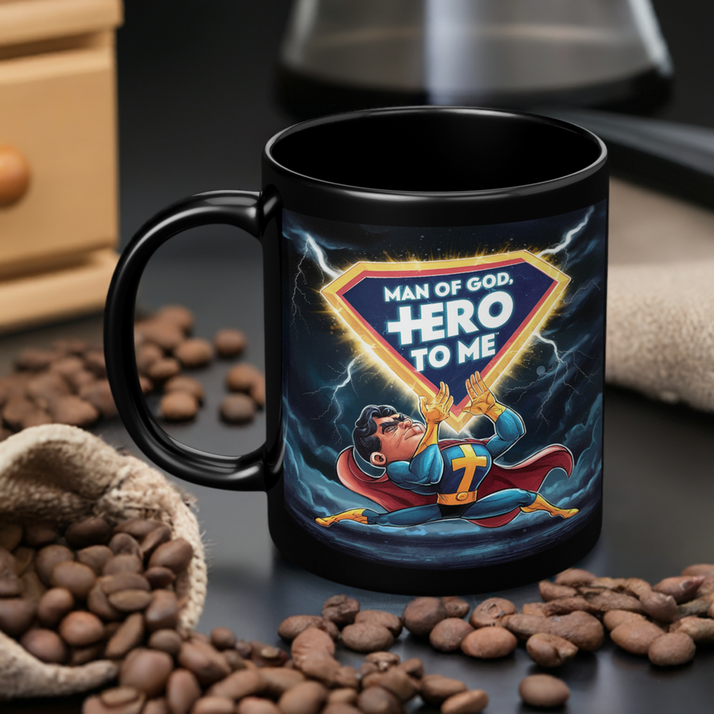 Christian4Life Superhero 11oz Black Mug - ’Man of God Hero to Me’ Christian Mug - Black - Mug
