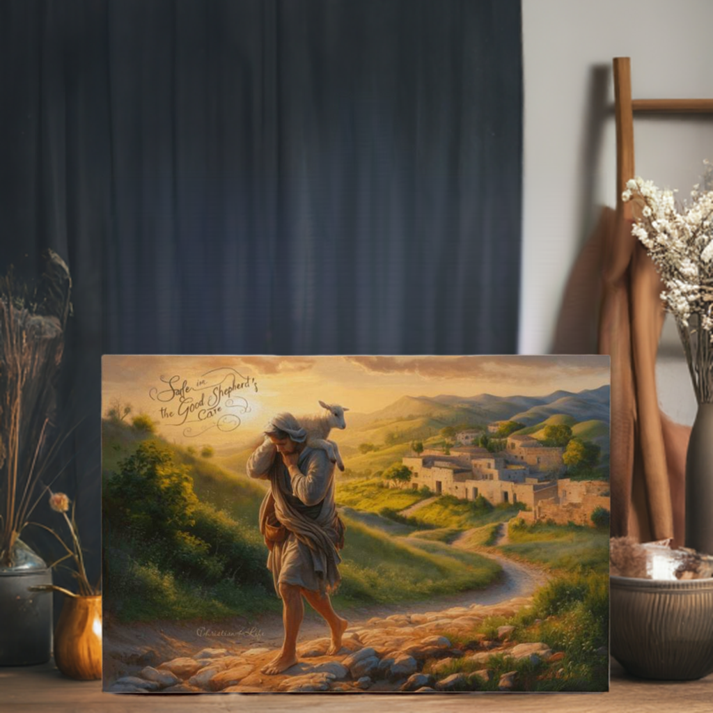 ’Safe in the Good Shepherd’s care’ Gallery Wrapped Christian Wall Art Canvas (3:2)