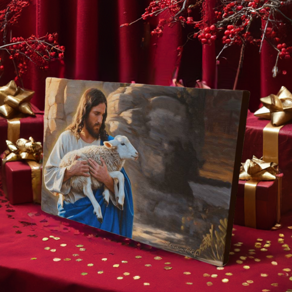 Shepherd holding sheep - Beautiful Gallery Wrapped Christian Wall Art Canvas