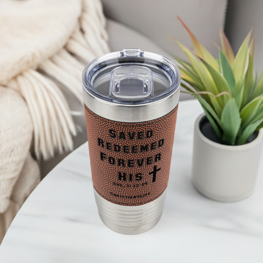 20oz Christian Football Tumbler - Saved Redeemed - Orange / Stainless steel - Tumblers