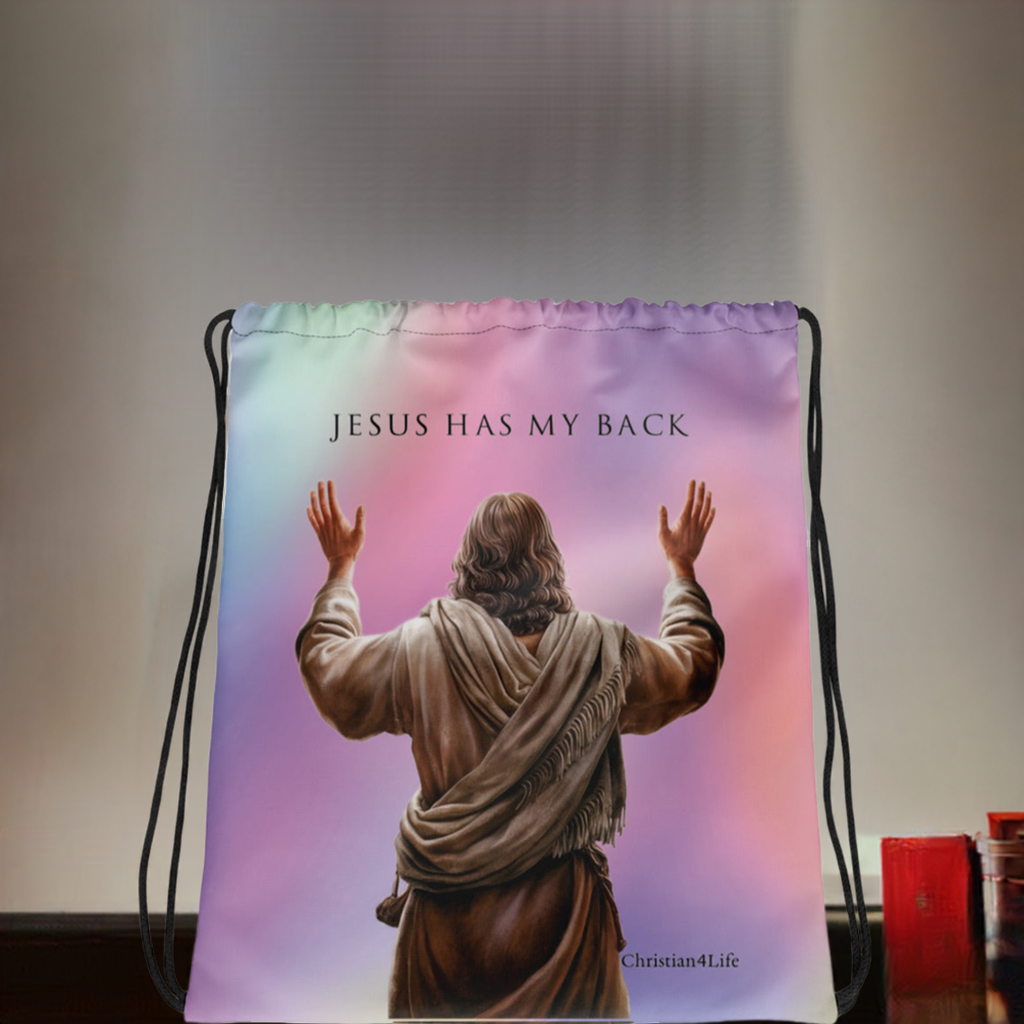 ’Jesus Has My Back’ 15″ × 17″ Drawstring bag (multi-color) - Bags