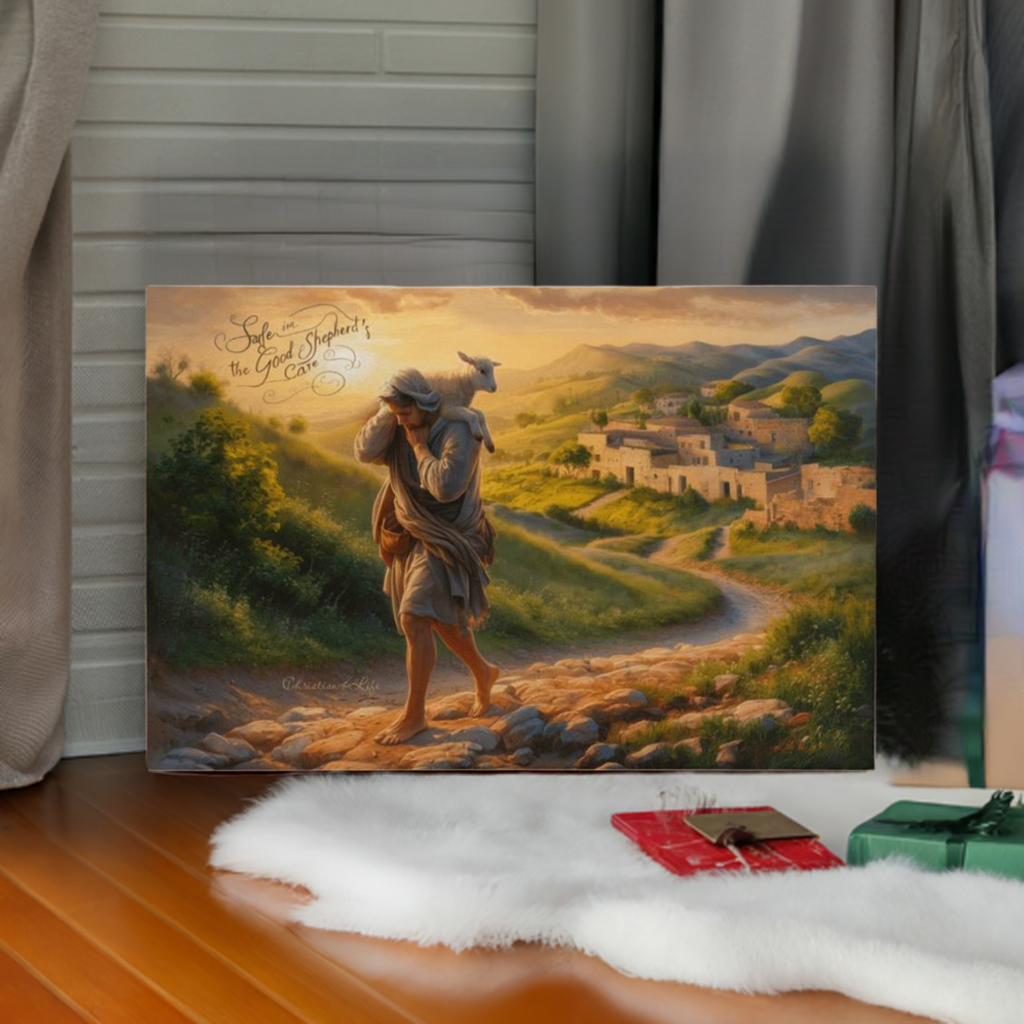 ’Safe in the Good Shepherd’s care’ Gallery Wrapped Christian Wall Art Canvas (3:2)