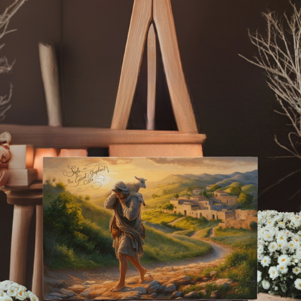 ’Safe in the Good Shepherd’s care’ Gallery Wrapped Christian Wall Art Canvas (3:2)