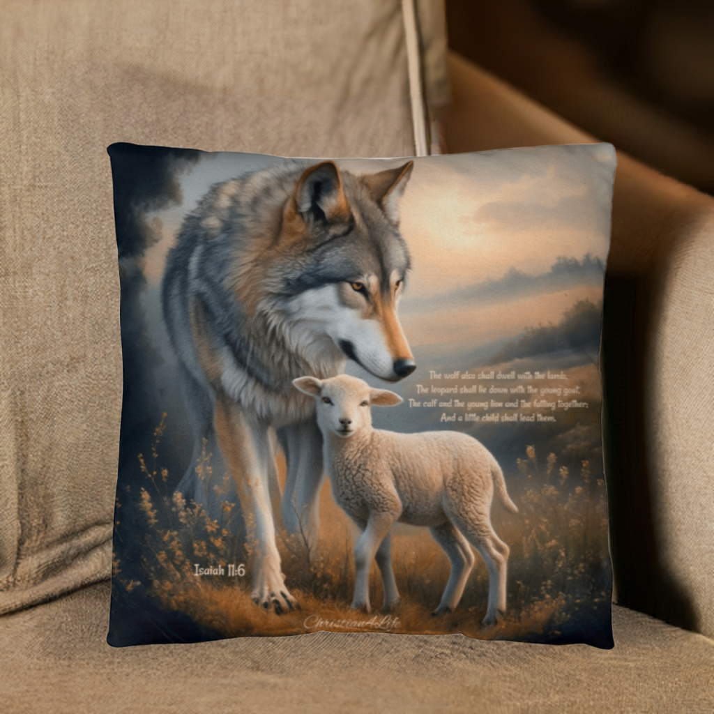 Wolf and Lamb Bible Verse Spun Polyester Square Indoor/Outdoor Pillow - Jewelry