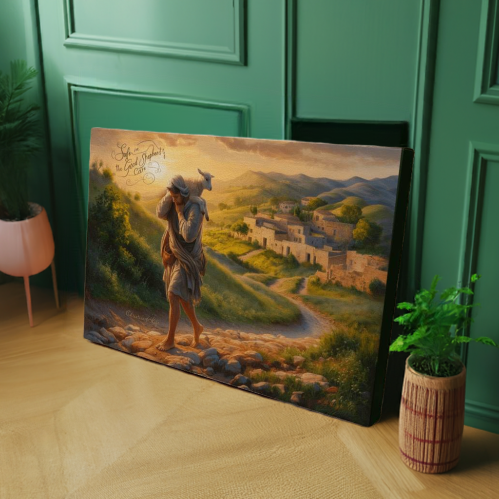 ’Safe in the Good Shepherd’s care’ Gallery Wrapped Christian Wall Art Canvas (3:2)