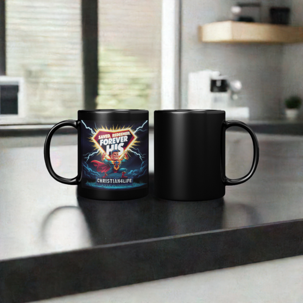 Christian 11oz Black Mug - Superhero ’Saved Forgiven Forever His’ Christian Mug for Men - Black - Mug