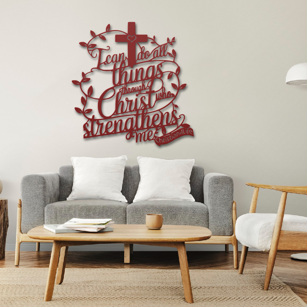 "I can do all things through Christ who strengthens me" Christian die-cut metal sign-(traced Heart)-red or silver
