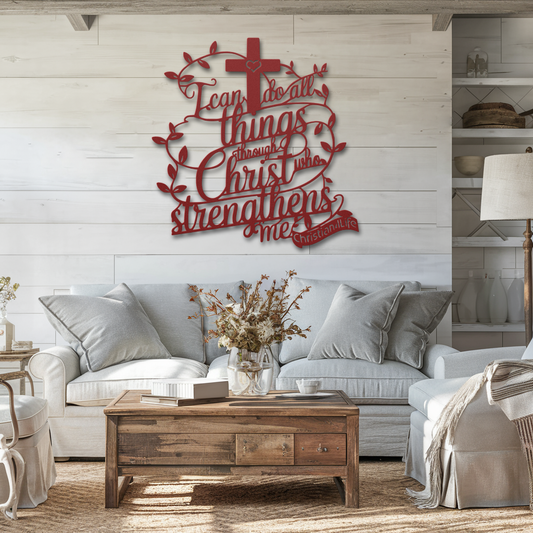 "I can do all things through Christ who strengthens me" Christian die-cut metal sign-(traced Heart)-red or silver