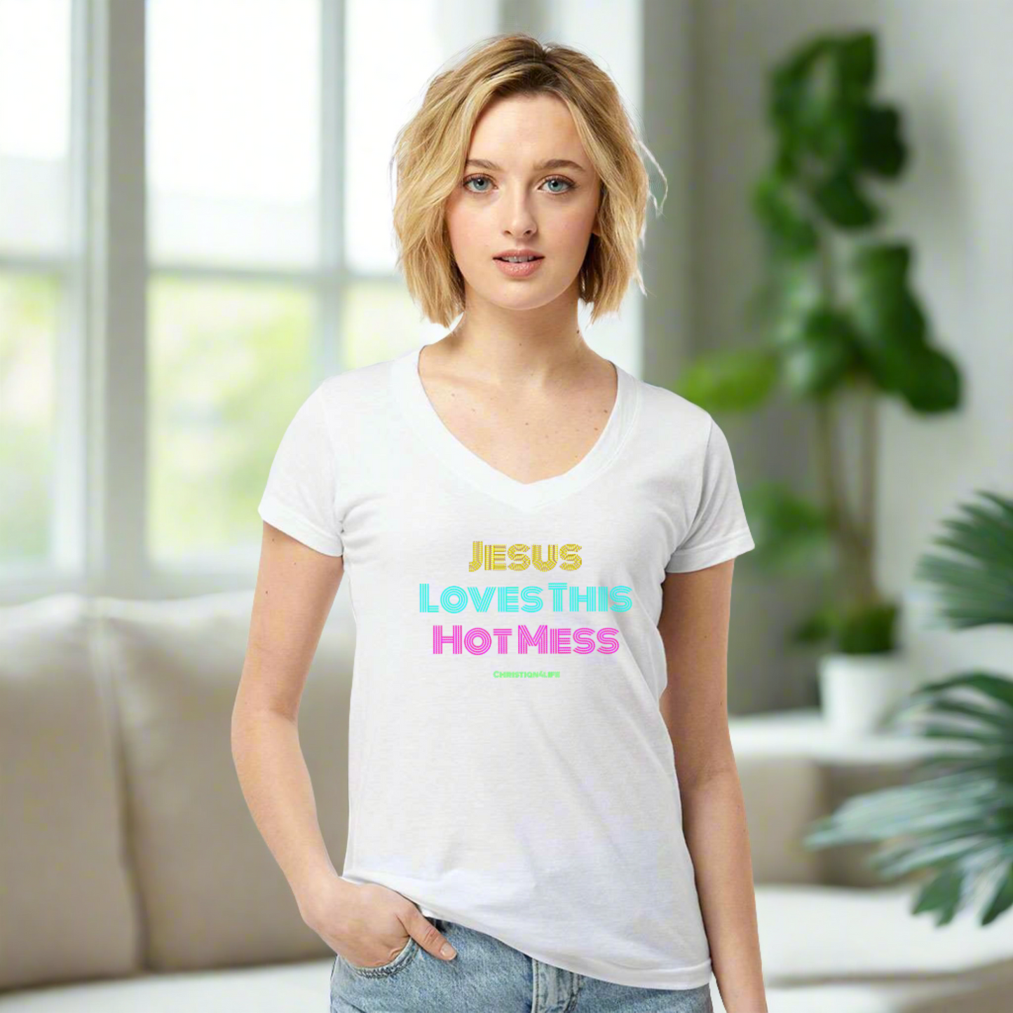 Jesus Loves this Hot Mess - womens tultex v neck - V-neck