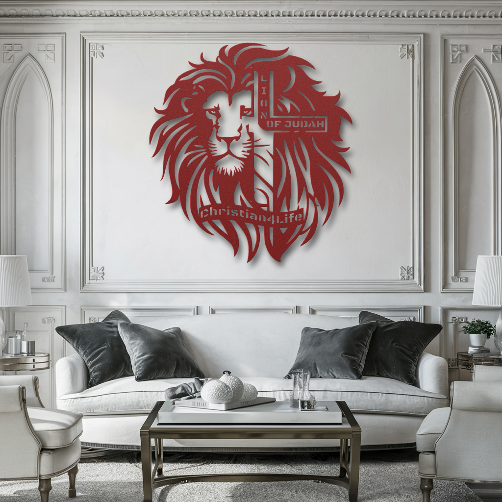Lion of Judah, - Lion and Cross Christian die-cut metal sign, Christian Metal Sign, Christian Wall Art (red and silver)