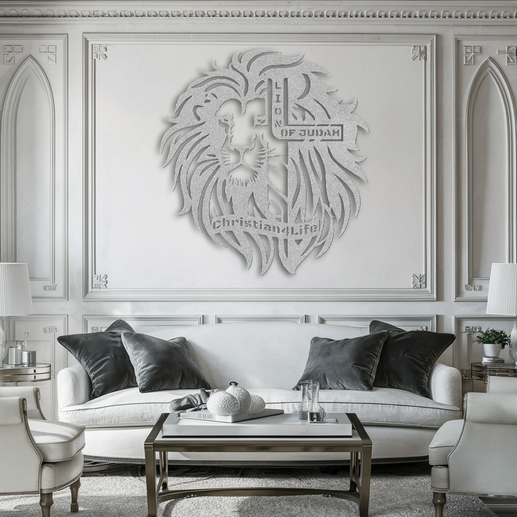 Lion of Judah, - Lion and Cross Christian die-cut metal sign, Christian Metal Sign, Christian Wall Art (red and silver)