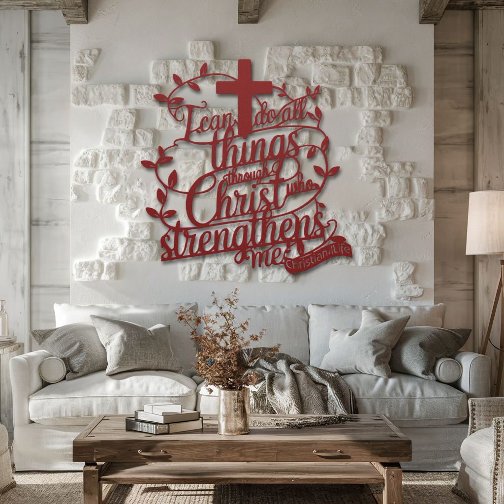 "I can do all things through Christ who strengthens me" Christian die-cut metal sign-red or silver