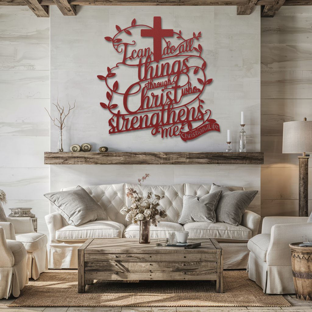 "I can do all things through Christ who strengthens me" Christian die-cut metal sign-red or silver