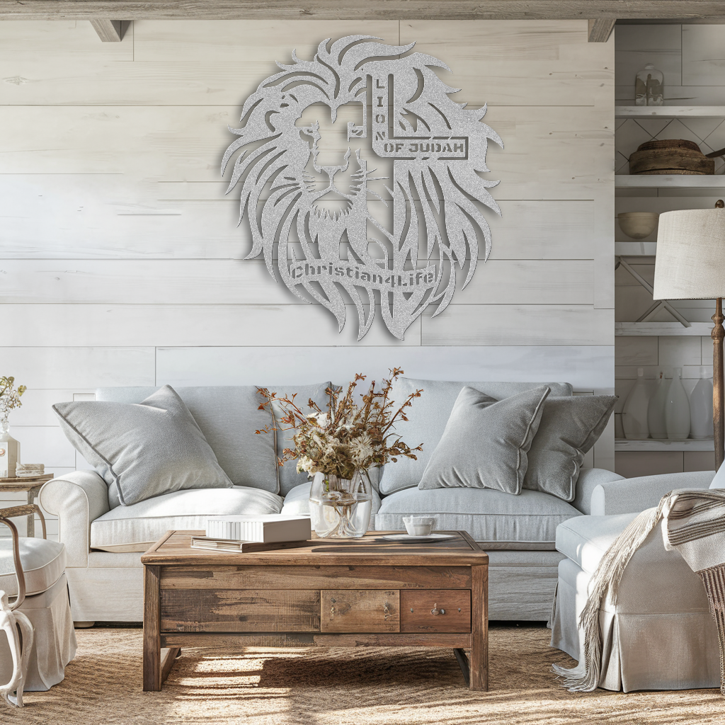 Lion of Judah, - Lion and Cross Christian die-cut metal sign, Christian Metal Sign, Christian Wall Art (red and silver)