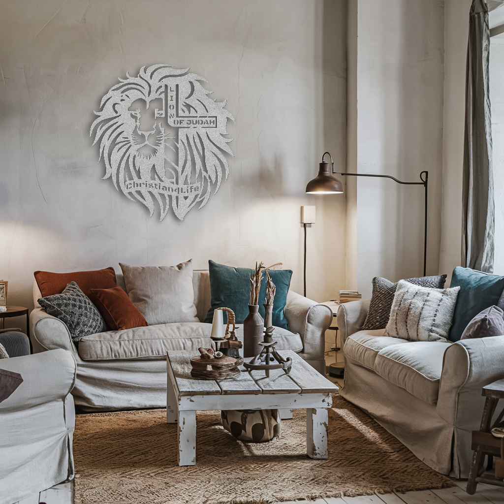 Lion of Judah, - Lion and Cross Christian die-cut metal sign, Christian Metal Sign, Christian Wall Art (red and silver)