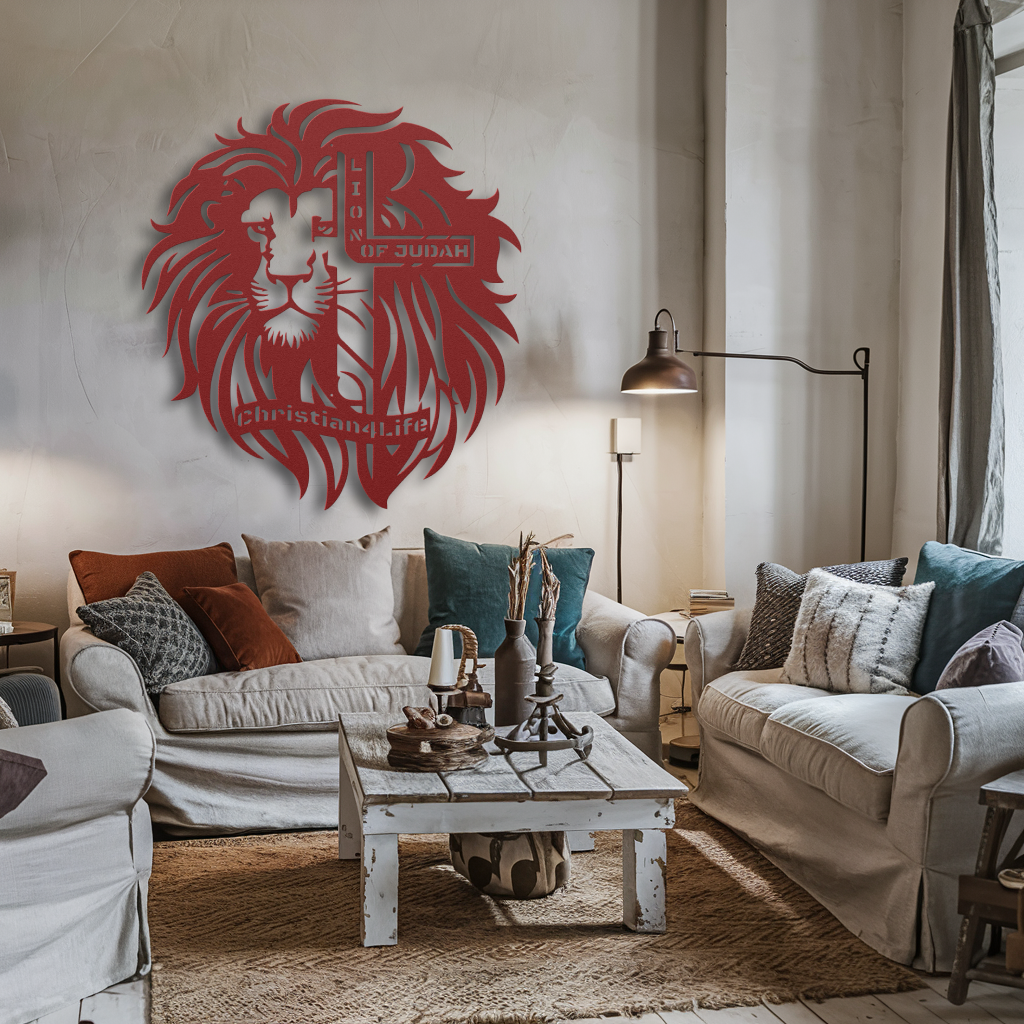 Lion of Judah, - Lion and Cross Christian die-cut metal sign, Christian Metal Sign, Christian Wall Art (red and silver)