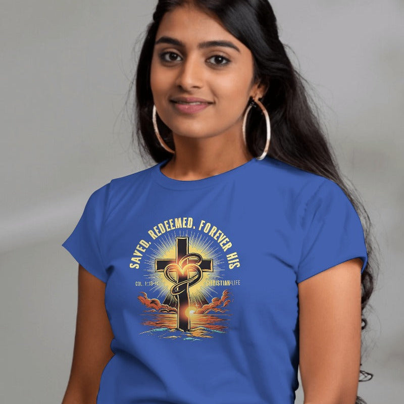 Women’s ’Saved Redeemed Forever His’ inspirational style Christian t-shirt - T-Shirt