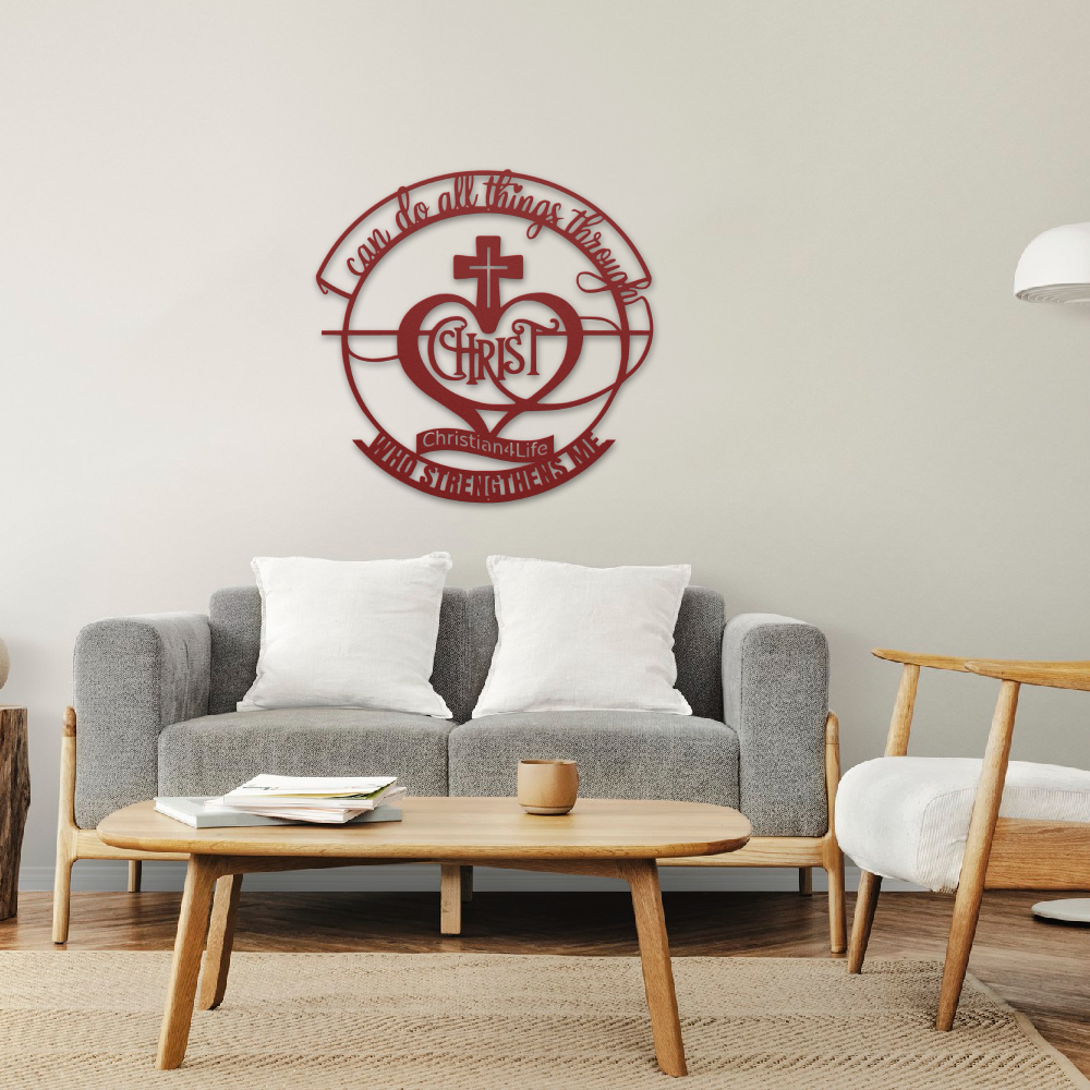 "I can do all things through Christ who strengthens me" Christian die-cut sign, Christian Metal Wall Art - Christian Steel Wall Decor (red and silver)