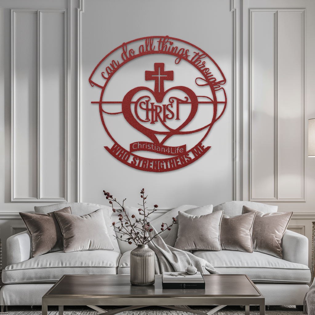 "I can do all things through Christ who strengthens me" Christian die-cut sign, Christian Metal Wall Art - Christian Steel Wall Decor (red and silver)