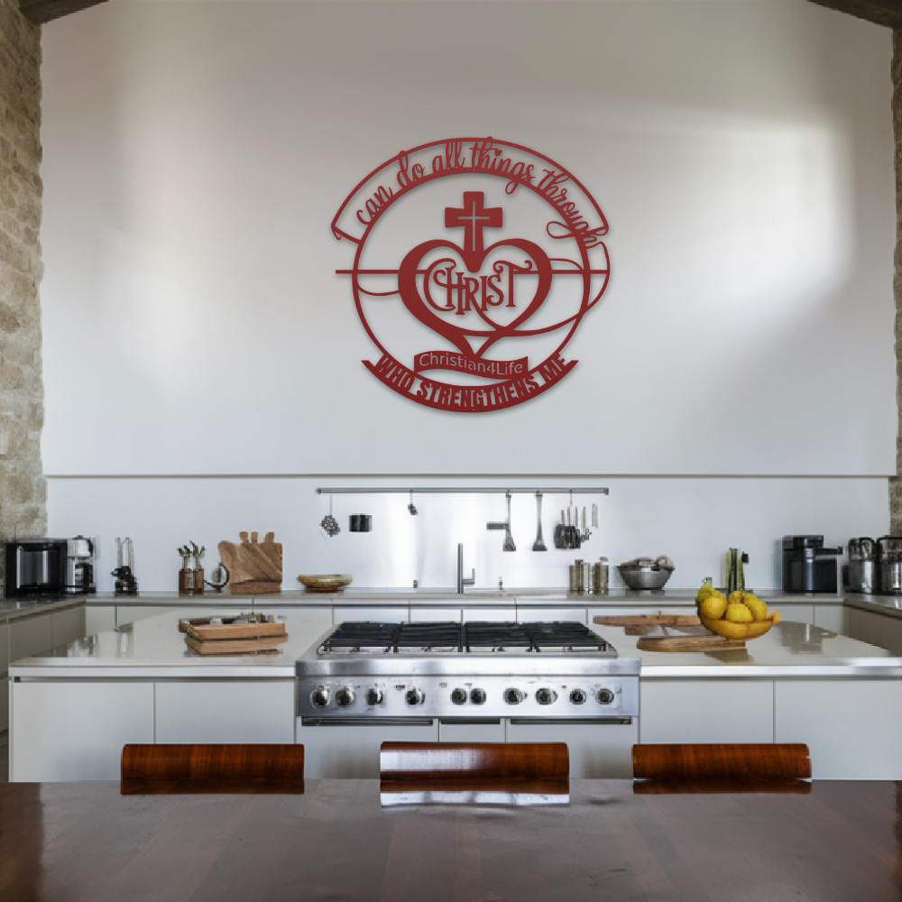 "I can do all things through Christ who strengthens me" Christian die-cut sign, Christian Metal Wall Art - Christian Steel Wall Decor (red and silver)
