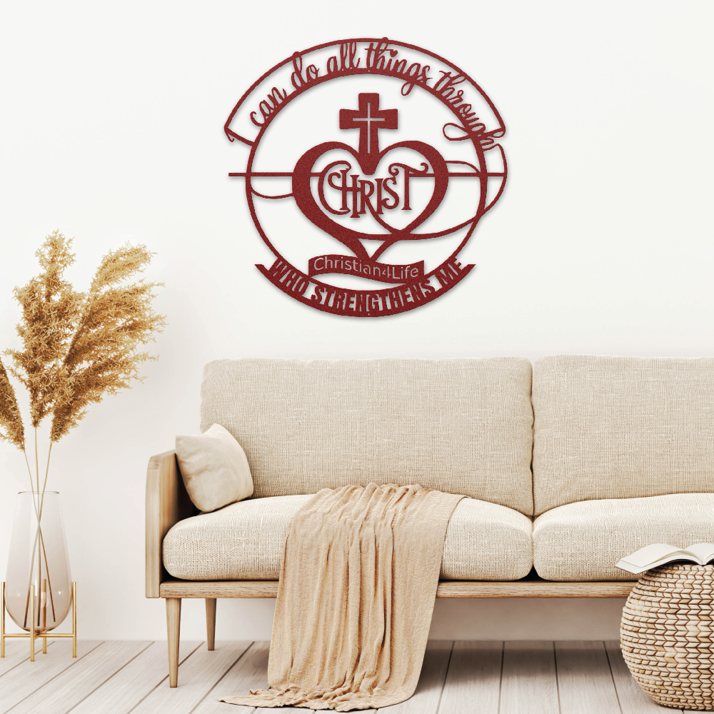 "I can do all things through Christ who strengthens me" Christian die-cut sign, Christian Metal Wall Art - Christian Steel Wall Decor (red and silver)