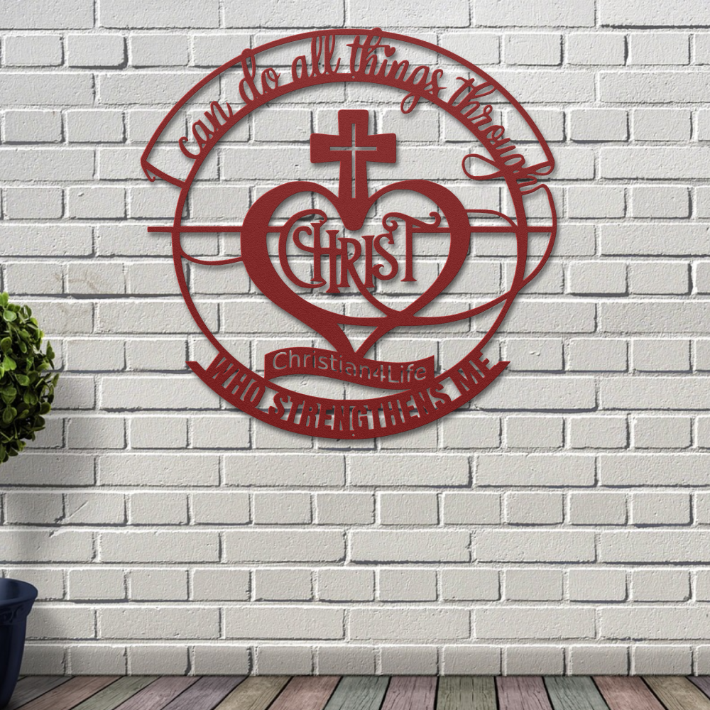 "I can do all things through Christ who strengthens me" Christian die-cut sign, Christian Metal Wall Art - Christian Steel Wall Decor (red and silver)