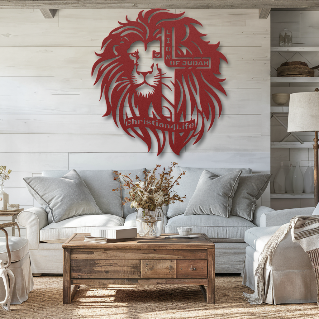 Lion of Judah, - Lion and Cross Christian die-cut metal sign, Christian Metal Sign, Christian Wall Art (red and silver)