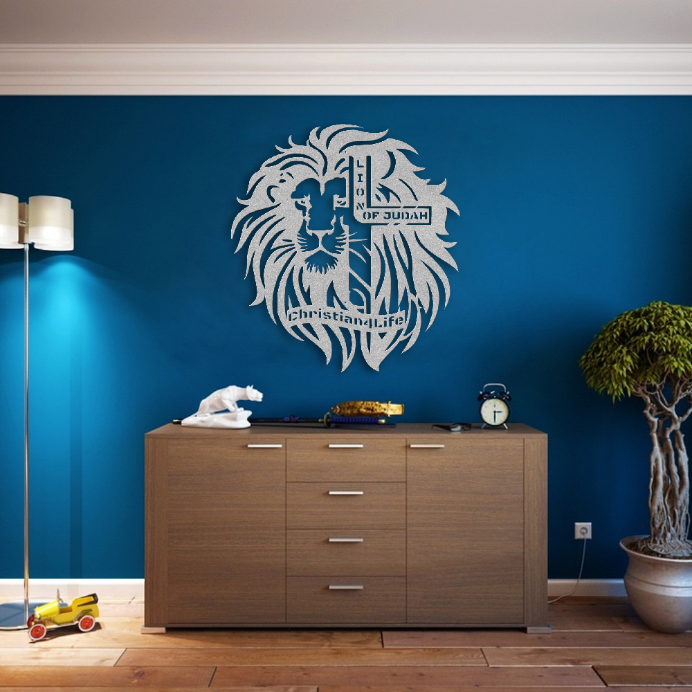 Lion of Judah, - Lion and Cross Christian die-cut metal sign, Christian Metal Sign, Christian Wall Art (red and silver)