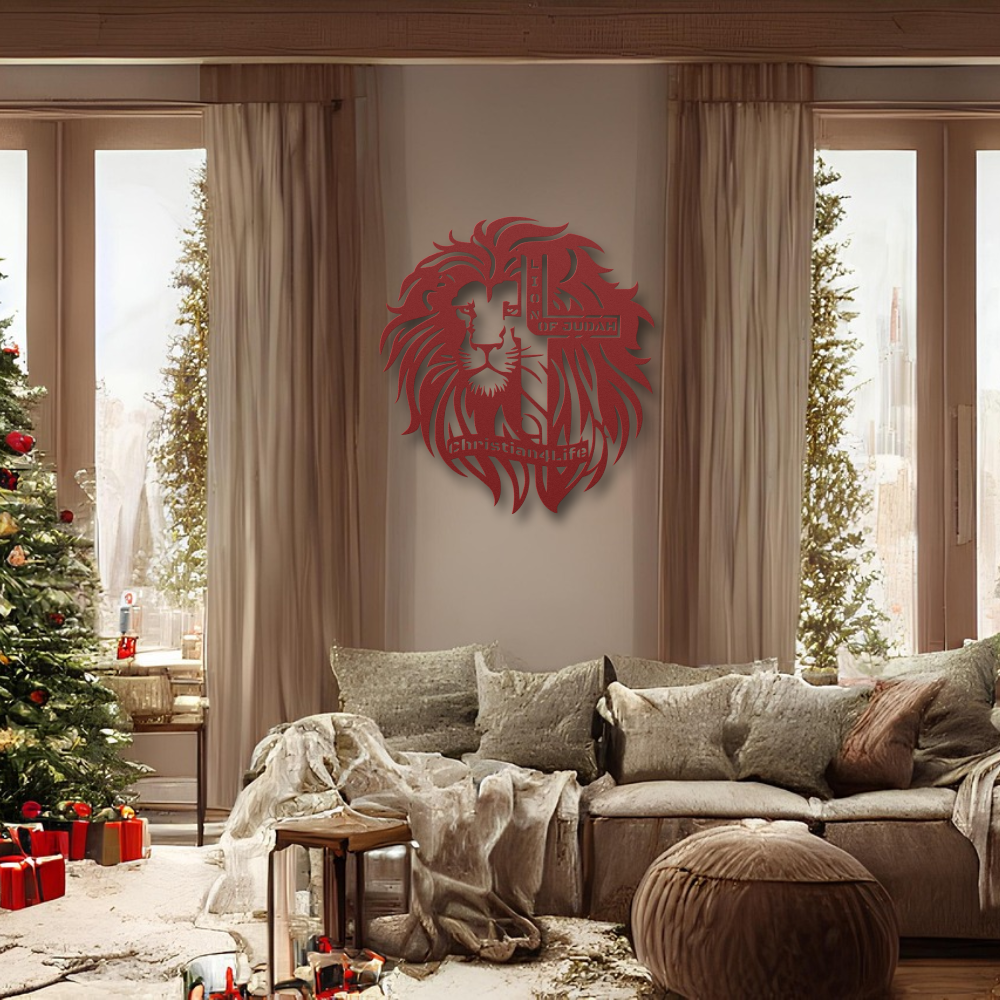 Lion of Judah, - Lion and Cross Christian die-cut metal sign, Christian Metal Sign, Christian Wall Art (red and silver)