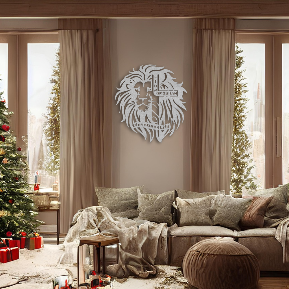 Lion of Judah, - Lion and Cross Christian die-cut metal sign, Christian Metal Sign, Christian Wall Art (red and silver)