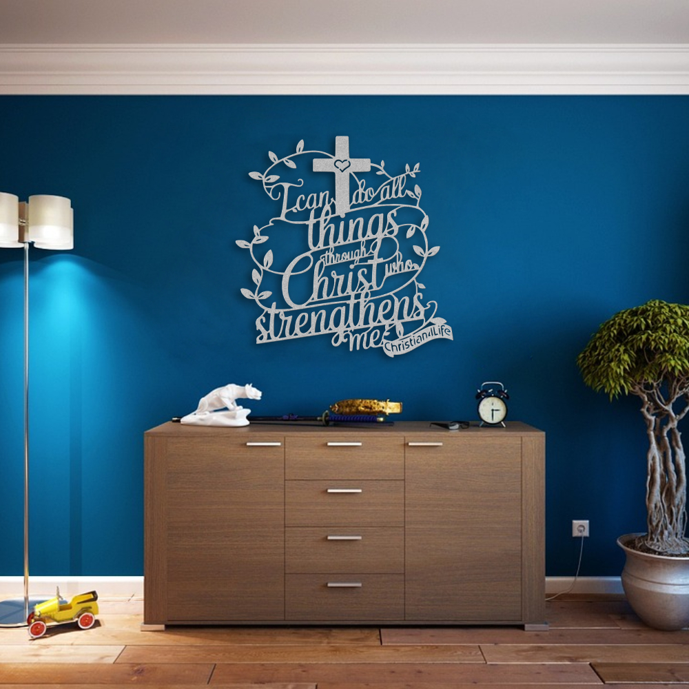 "I can do all things through Christ who strengthens me" Christian die-cut metal sign-(traced Heart)-red or silver