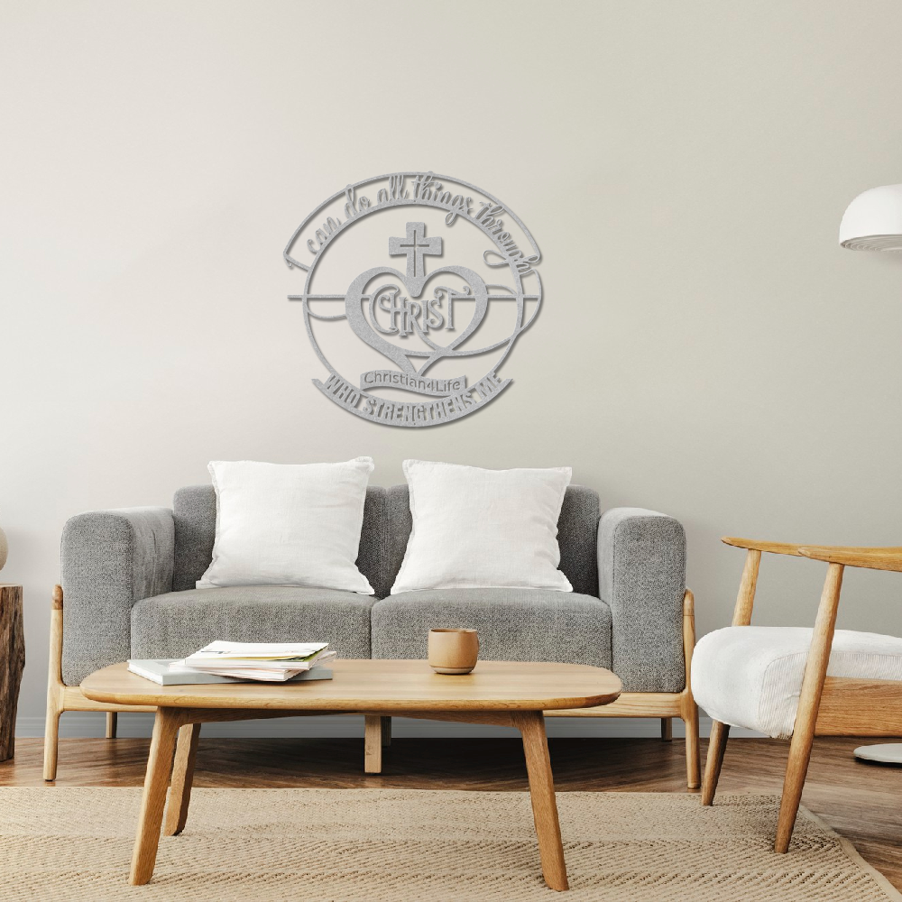 "I can do all things through Christ who strengthens me" Christian die-cut sign, Christian Metal Wall Art - Christian Steel Wall Decor (red and silver)