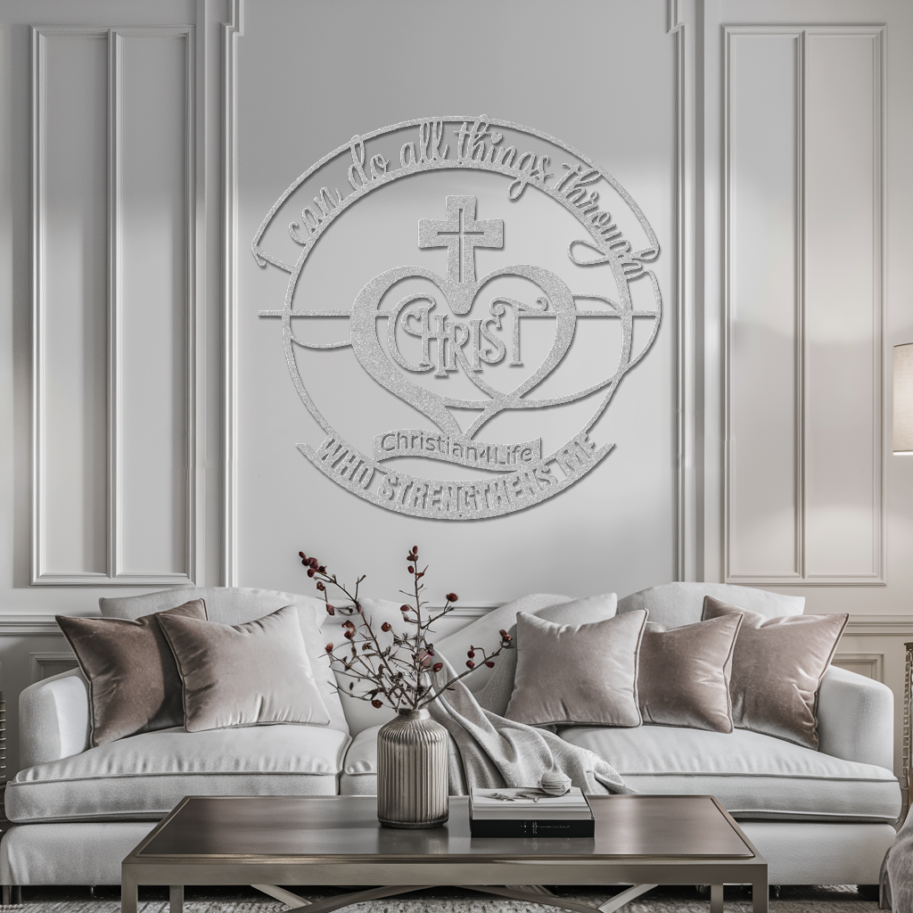 "I can do all things through Christ who strengthens me" Christian die-cut sign, Christian Metal Wall Art - Christian Steel Wall Decor (red and silver)