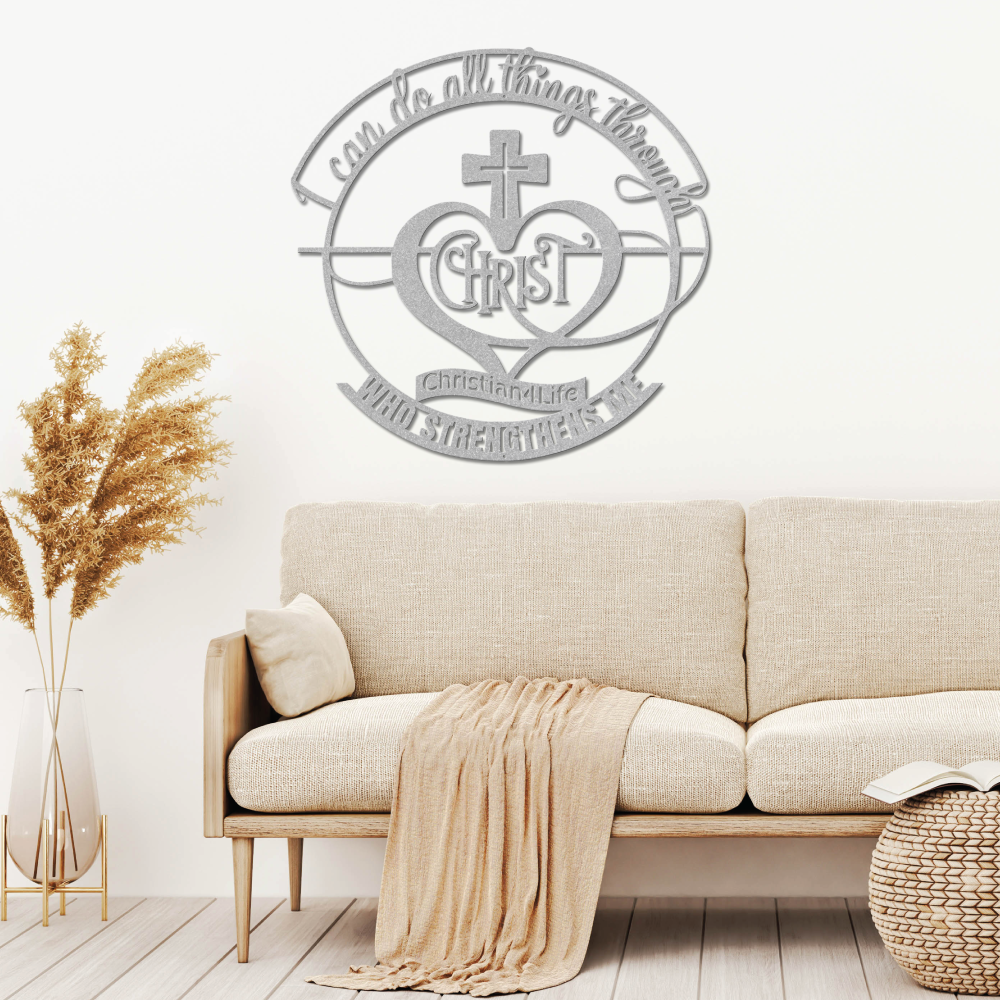 "I can do all things through Christ who strengthens me" Christian die-cut sign, Christian Metal Wall Art - Christian Steel Wall Decor (red and silver)