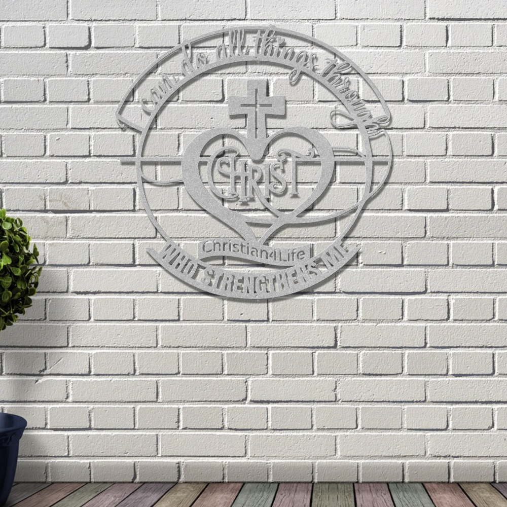 "I can do all things through Christ who strengthens me" Christian die-cut sign, Christian Metal Wall Art - Christian Steel Wall Decor (red and silver)