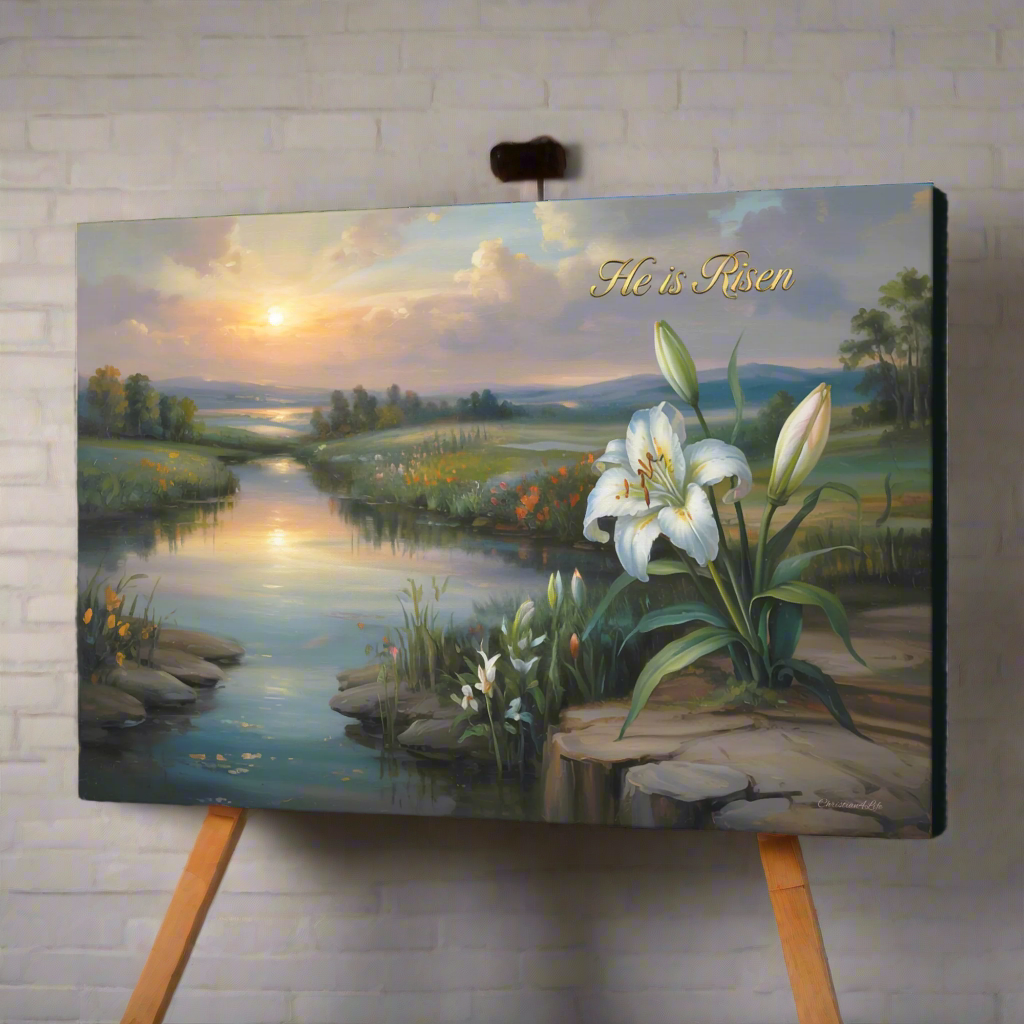 "He is Risen" - A serene sunrise landscape and lilies. Christian Easter wall art, Gallery wrapped Canvas