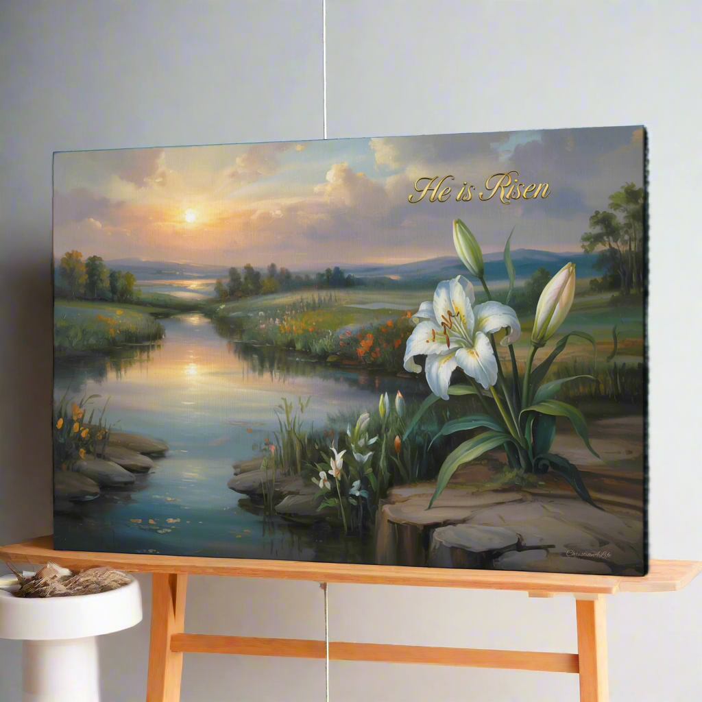 "He is Risen" - A serene sunrise landscape and lilies. Christian Easter wall art, Gallery wrapped Canvas
