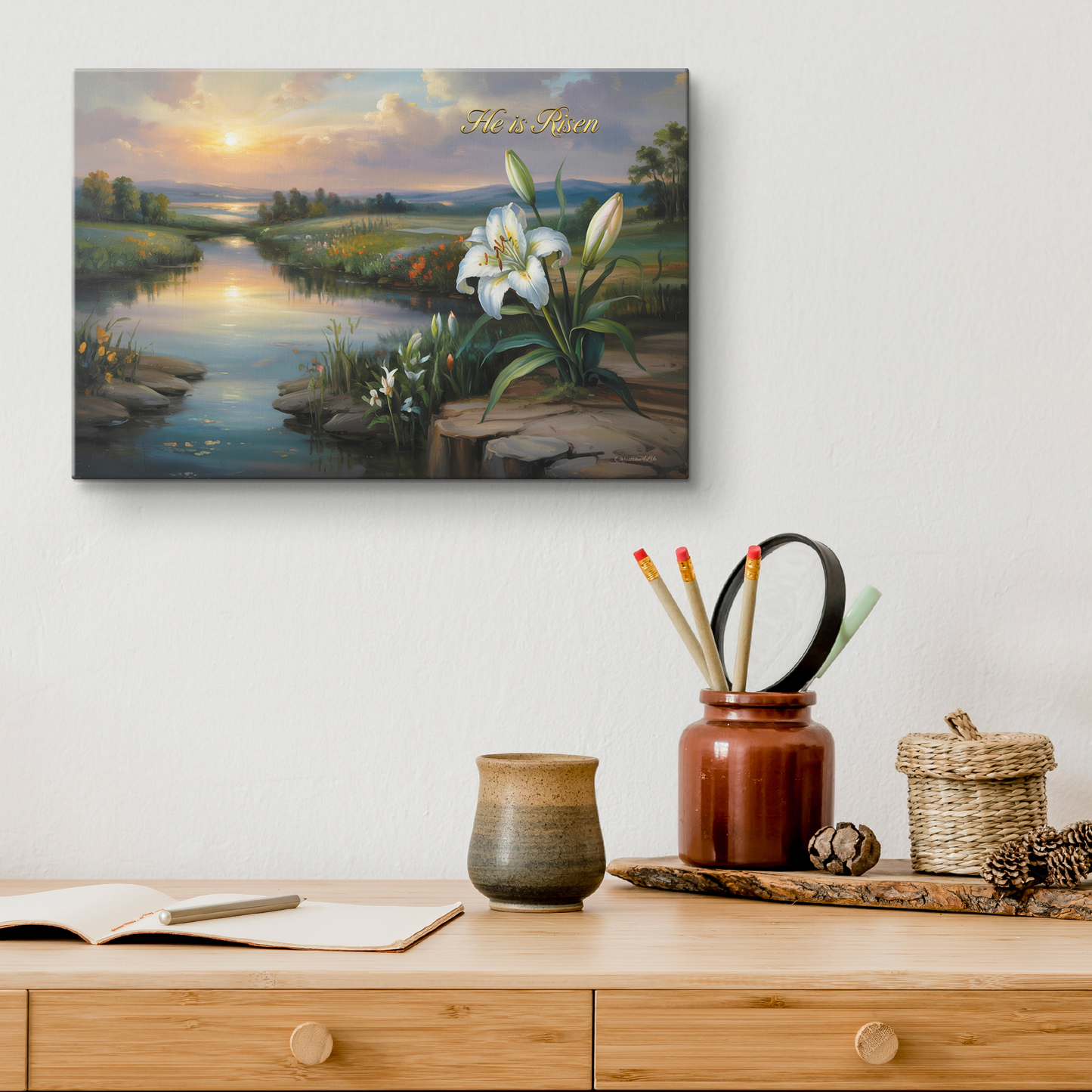 "He is Risen" - A serene sunrise landscape and lilies. Christian Easter wall art, Gallery wrapped Canvas