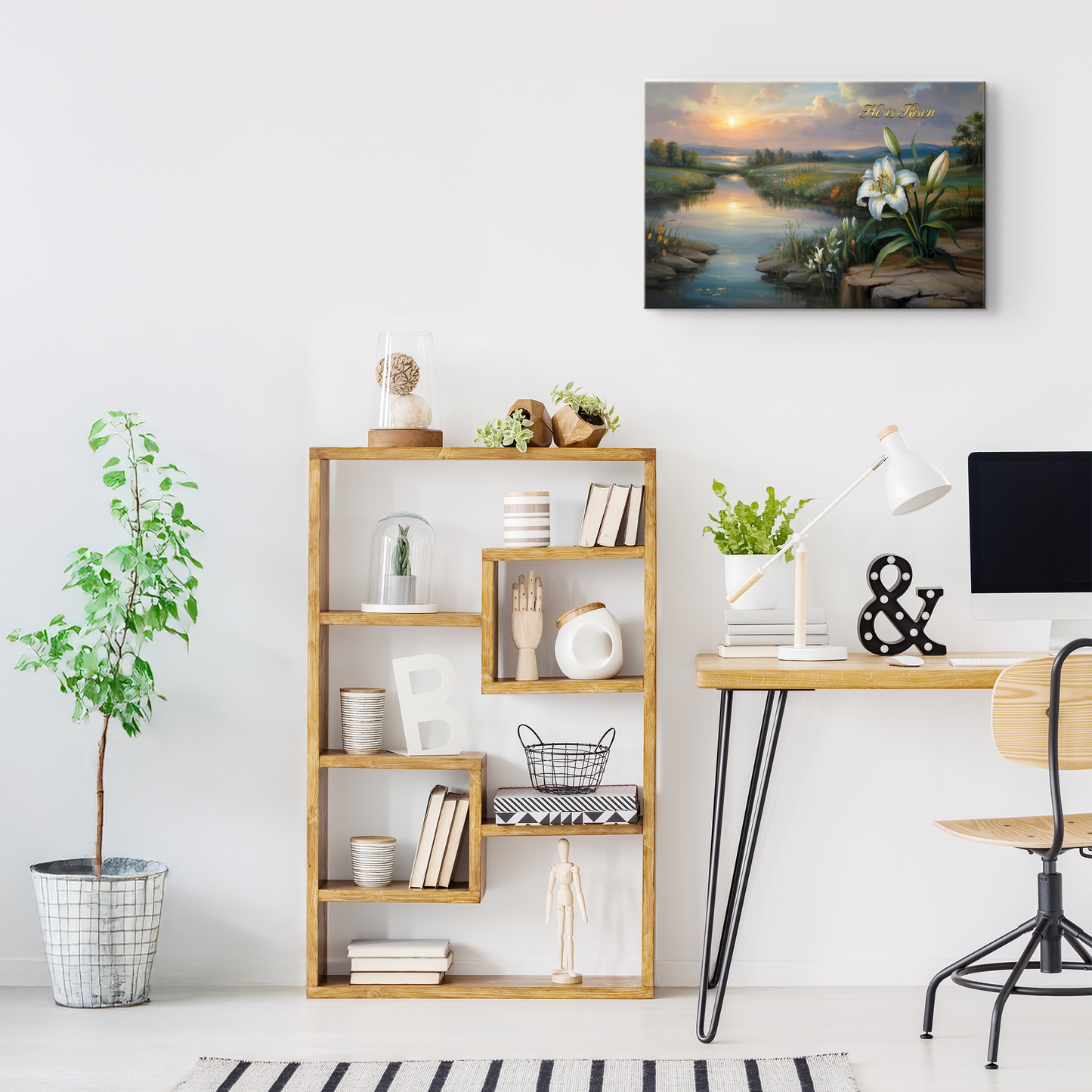 "He is Risen" - A serene sunrise landscape and lilies. Christian Easter wall art, Gallery wrapped Canvas