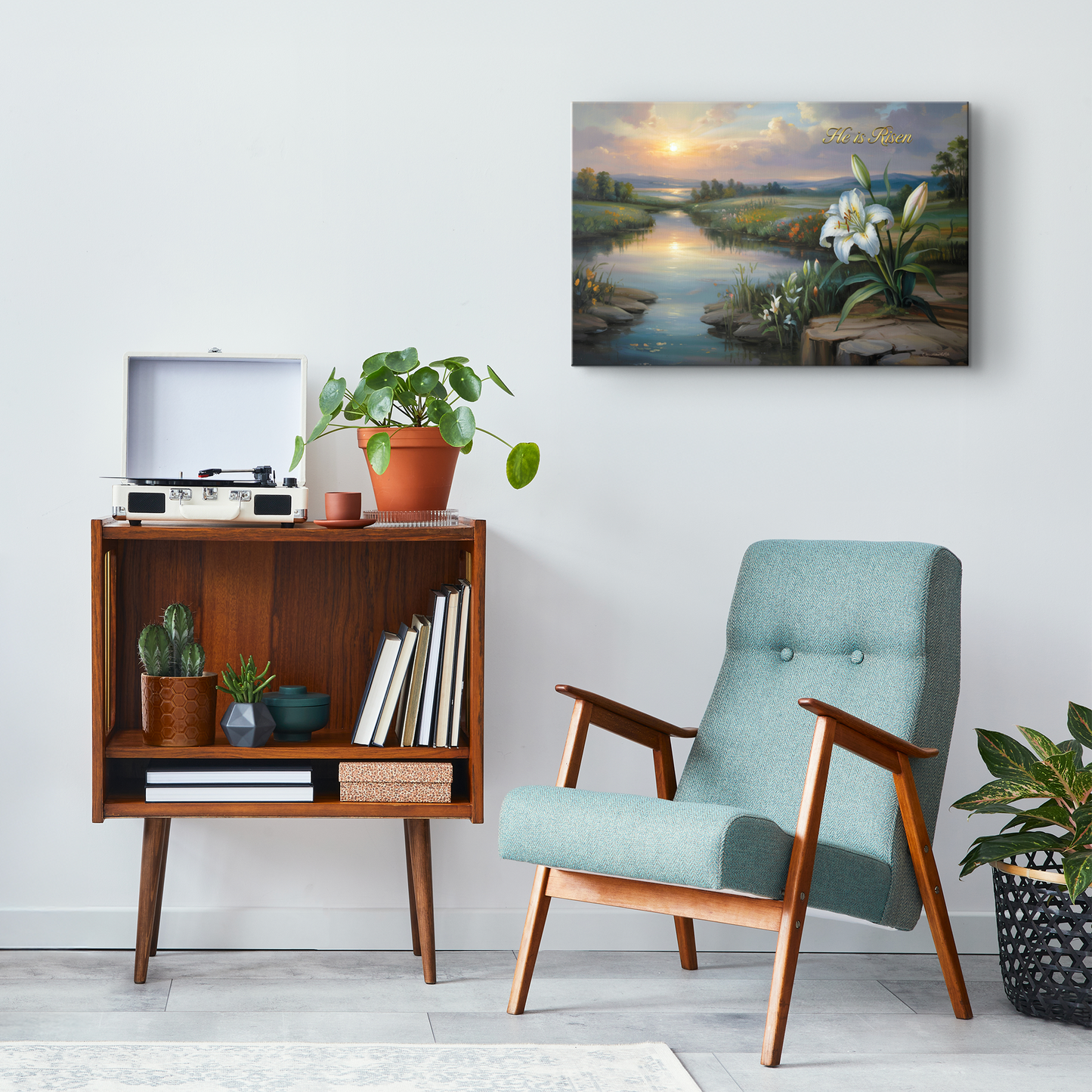 "He is Risen" - A serene sunrise landscape and lilies. Christian Easter wall art, Gallery wrapped Canvas