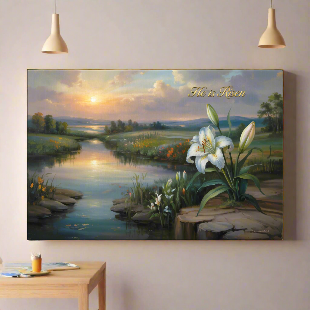 "He is Risen" - A serene sunrise landscape and lilies. Christian Easter wall art, Gallery wrapped Canvas