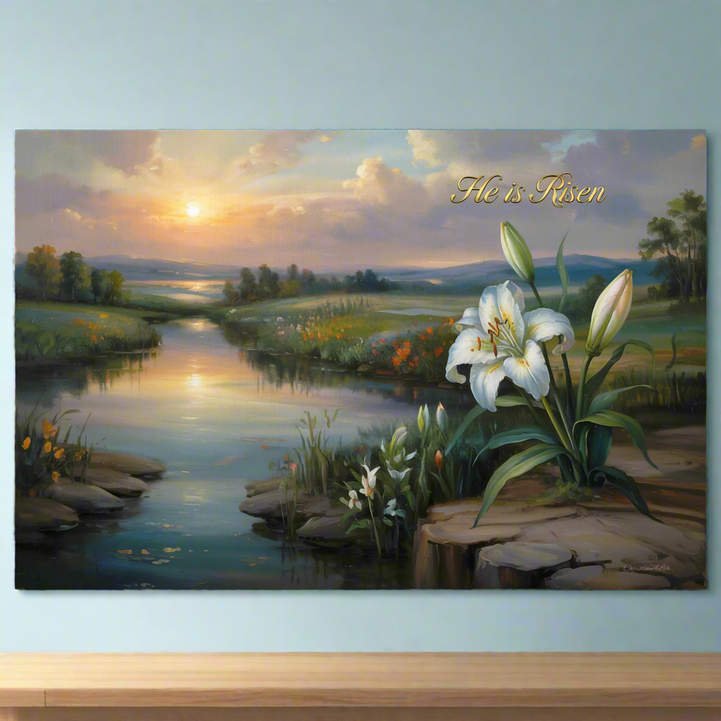 "He is Risen" - A serene sunrise landscape and lilies. Christian Easter wall art, Gallery wrapped Canvas