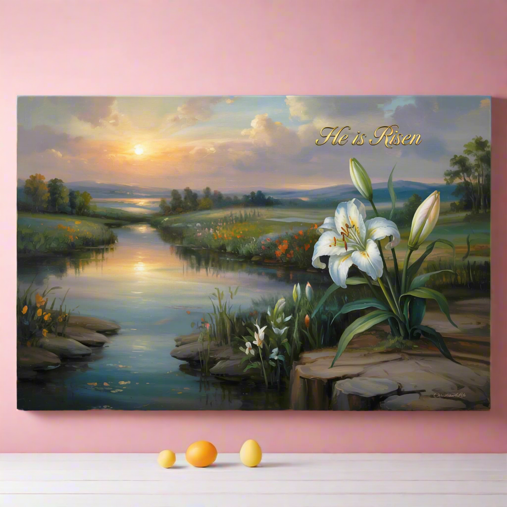 "He is Risen" - A serene sunrise landscape and lilies. Christian Easter wall art, Gallery wrapped Canvas