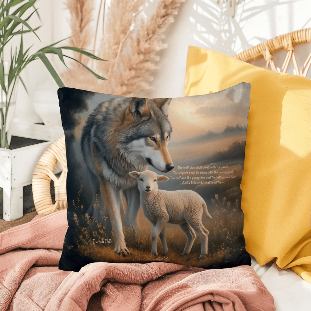 Wolf and Lamb Bible Verse Spun Polyester Square Indoor/Outdoor Pillow - 16’’ x 16’’ - Jewelry