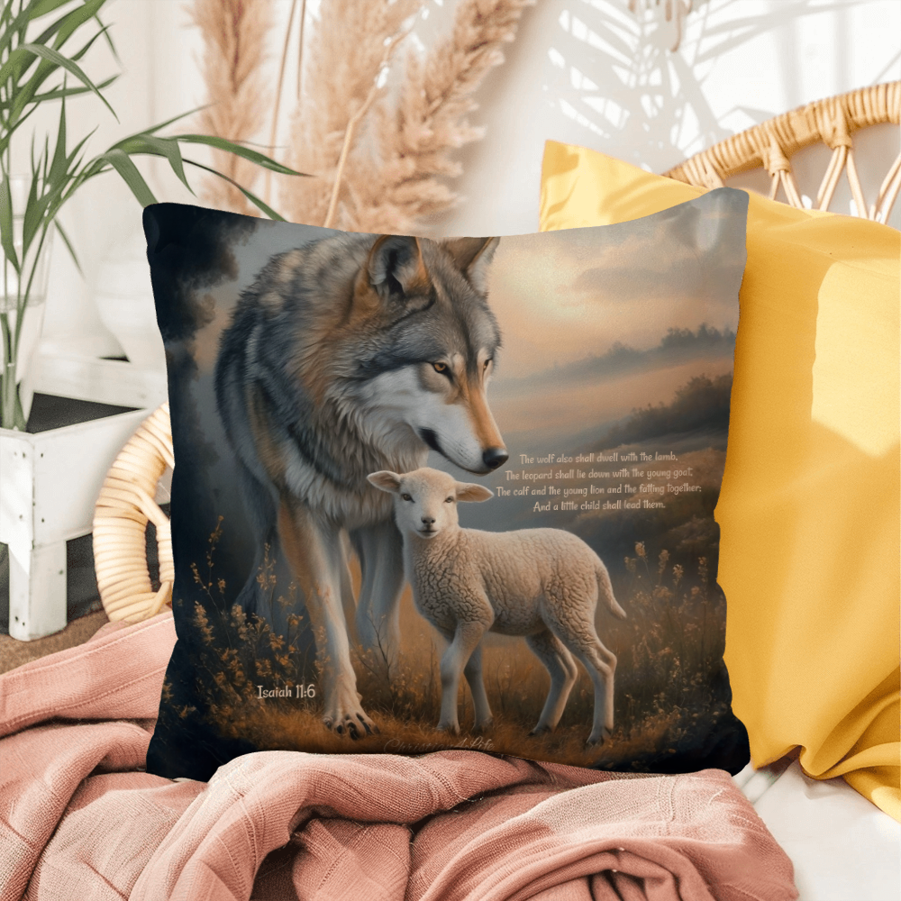 Wolf and Lamb Bible Verse Spun Polyester Square Indoor/Outdoor Pillow - 18’’ x 18’’ - Jewelry