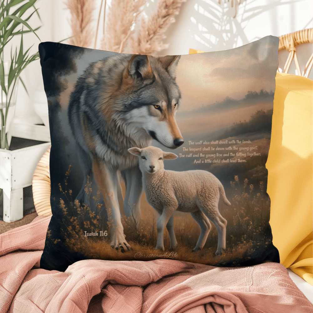 Wolf and Lamb Bible Verse Spun Polyester Square Indoor/Outdoor Pillow - 20’’ x 20’’ - Jewelry