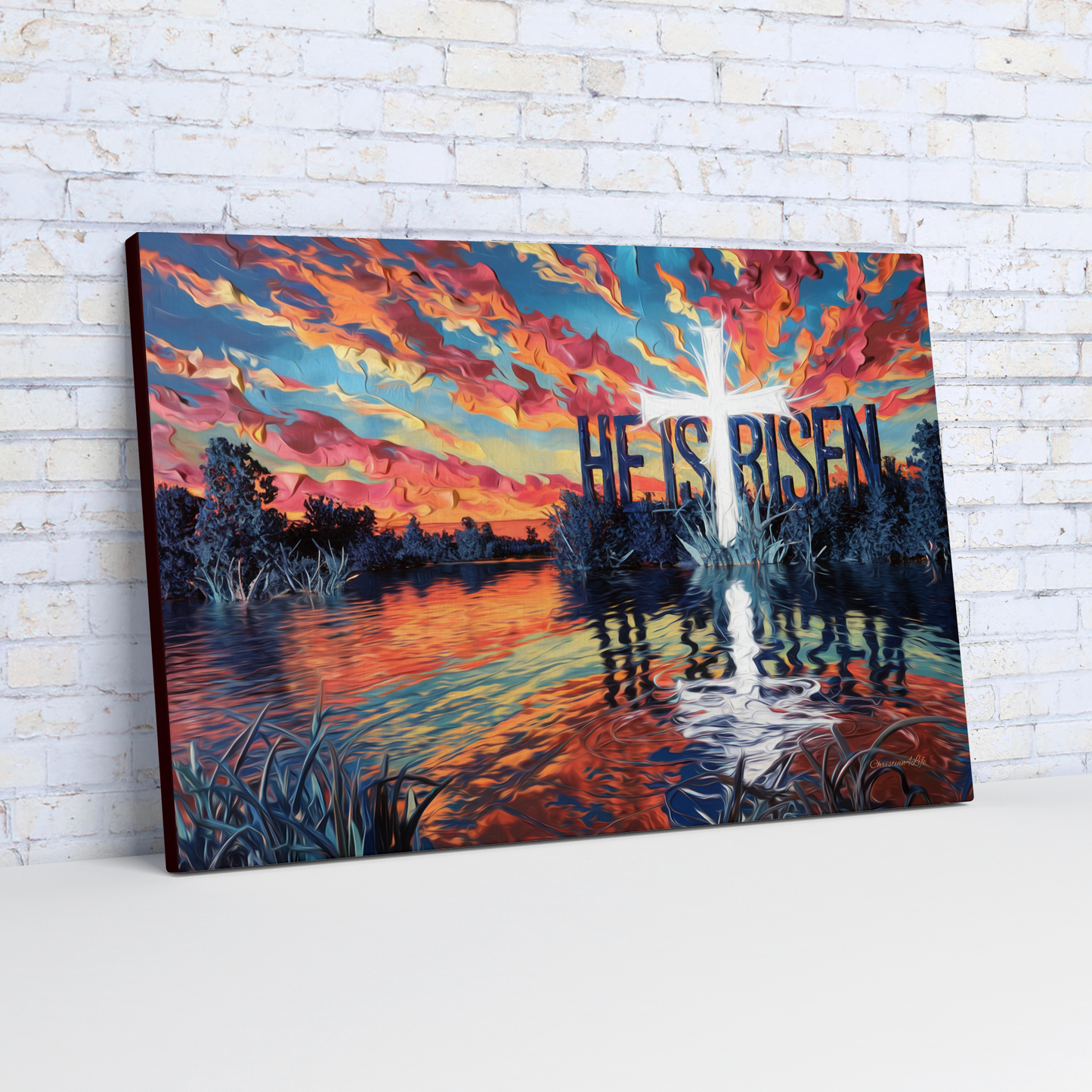"He Is Risen" - Serene Lake Sunrise Scene with Cross Christian Gallery-Wrapped Canvas