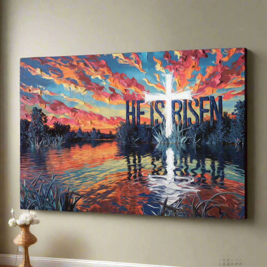 "He Is Risen" - Serene Lake Sunrise Scene with Cross Christian Gallery-Wrapped Canvas