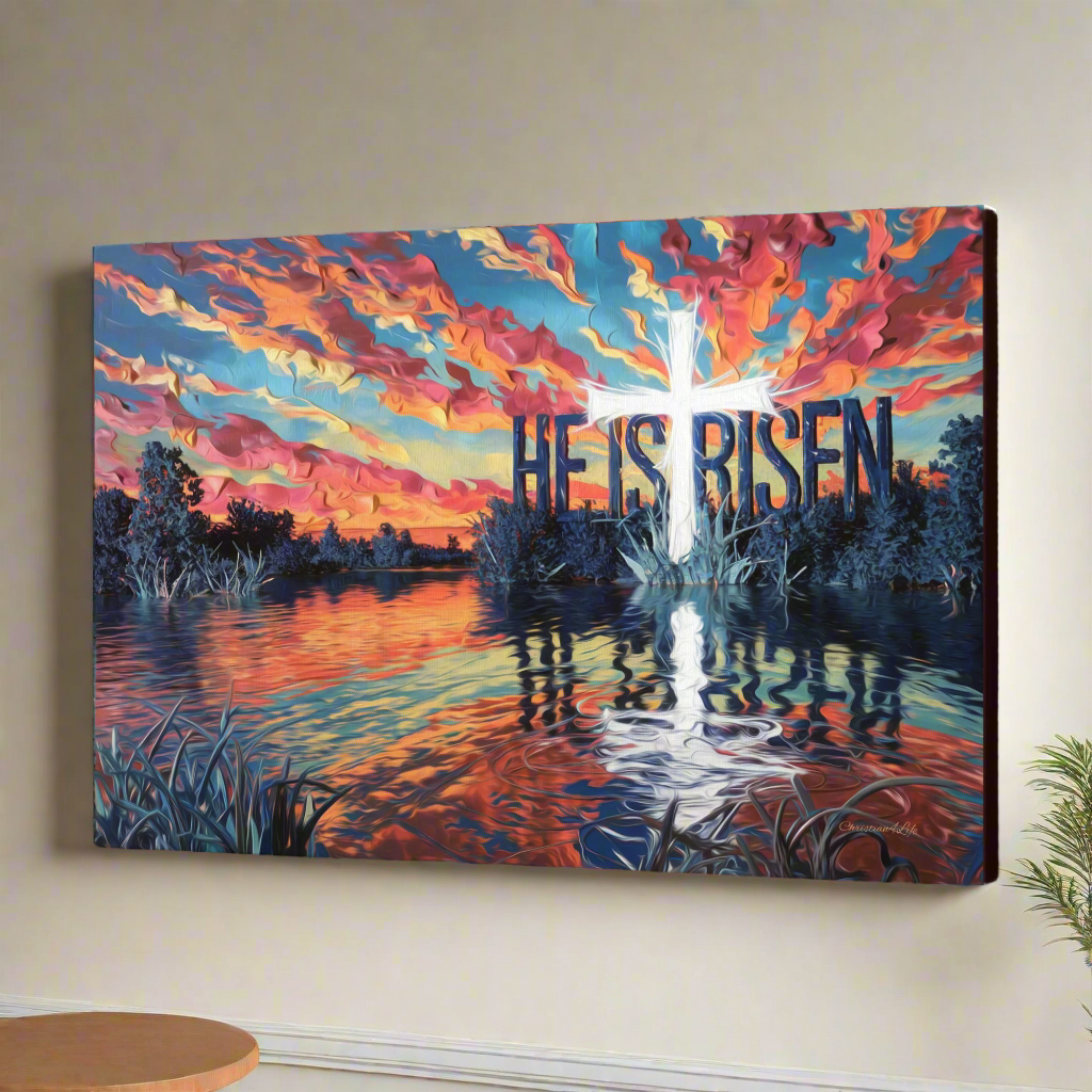 "He Is Risen" - Serene Lake Sunrise Scene with Cross Christian Gallery-Wrapped Canvas