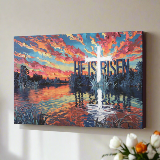 "He Is Risen" - Serene Lake Sunrise Scene with Cross Christian Gallery-Wrapped Canvas